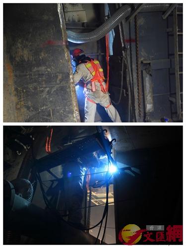 首批裝配工、焊工進入港珠澳大橋海隧「最終接頭」實施焊連兩側沉管作業。（施工方供圖）
