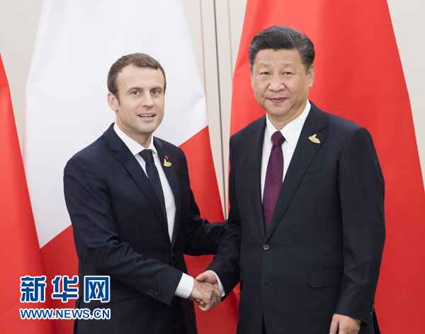 7月8日，國家主席習近平在漢堡會見法國總統馬克龍。新華社