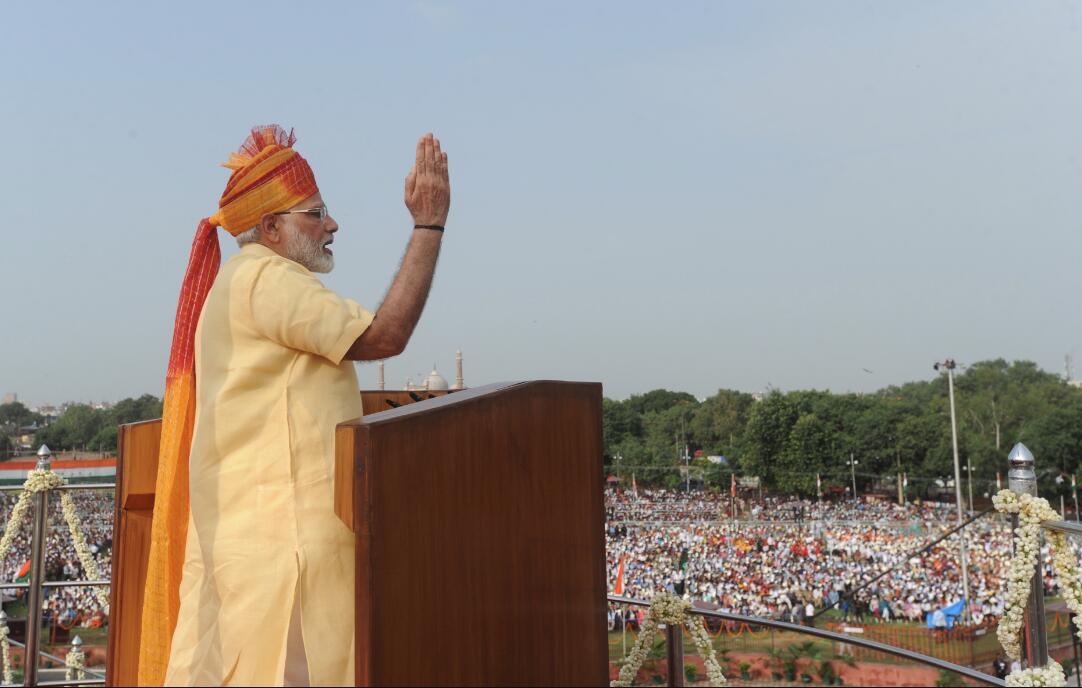 8月15日，在印度首都新德里，印度總理莫迪在獨立日慶祝活動上講話。