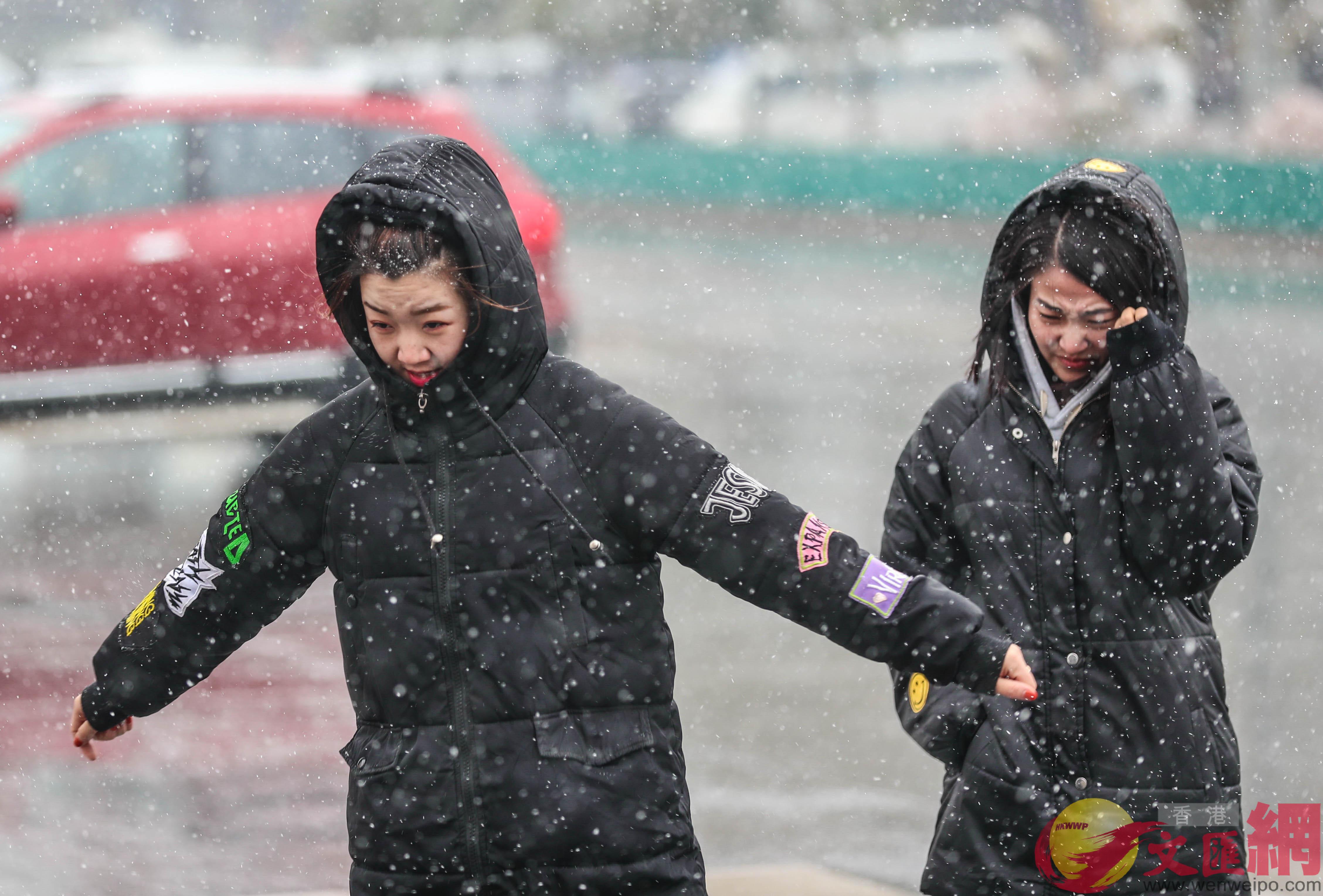 虽然被这场秋雪打乱了行程，但街上的人们还是情不自禁地玩心大起，顶着风雪摆出各种姿势。（卢冶 摄）