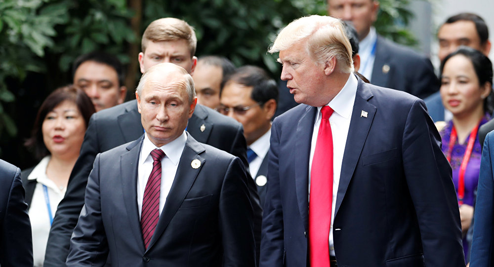 當地時間2017年7月7日A德國漢堡A美國總統特朗普與俄羅斯總統普京會晤C]俄羅斯衛星通訊社^