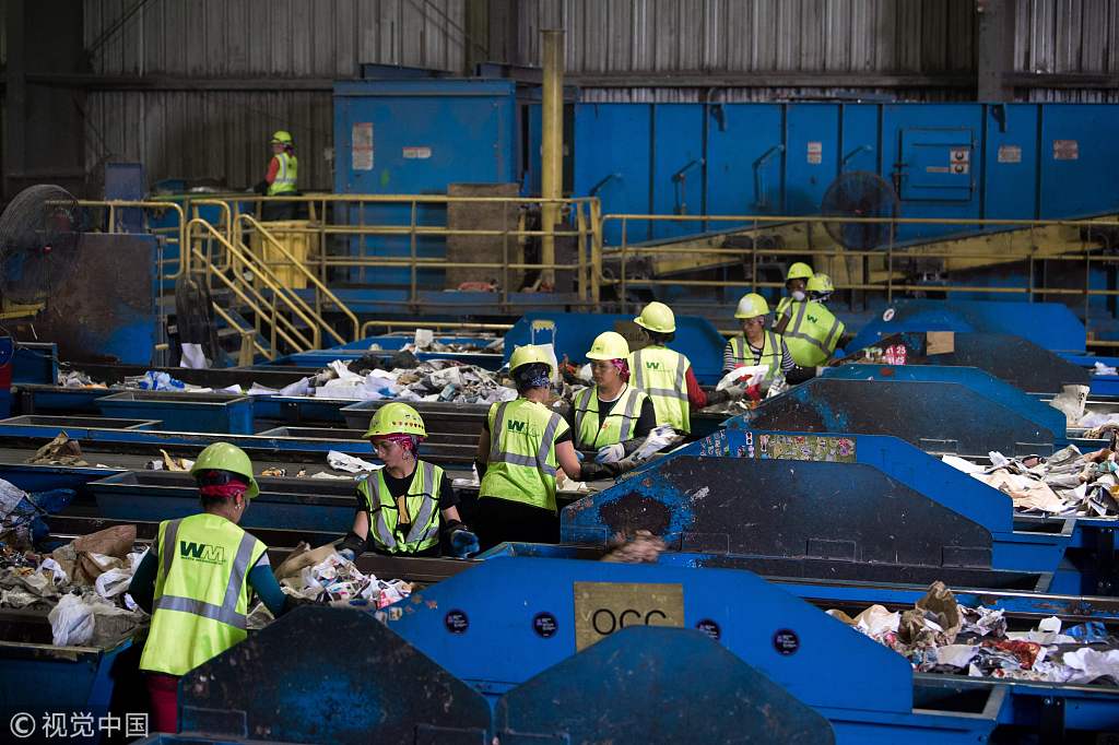 當地時間2018年6月28日A美國馬里蘭州埃爾克裡奇A工人在廢物回收廠內分類垃圾C
