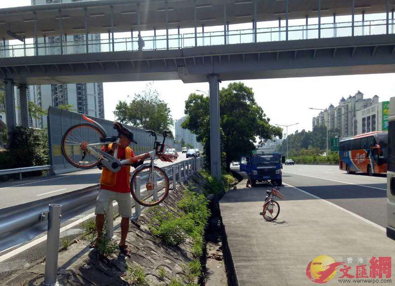 摩拜單車運維人員回收快速幹道旁的單車