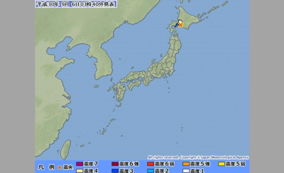 北海道發生6.7級地震]日本氣象廳圖^