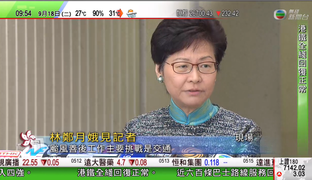 林鄭表示A廣深港高鐵香港段及港珠澳大橋在強颱風襲擊下安然無恙經得考驗]電視截圖^
