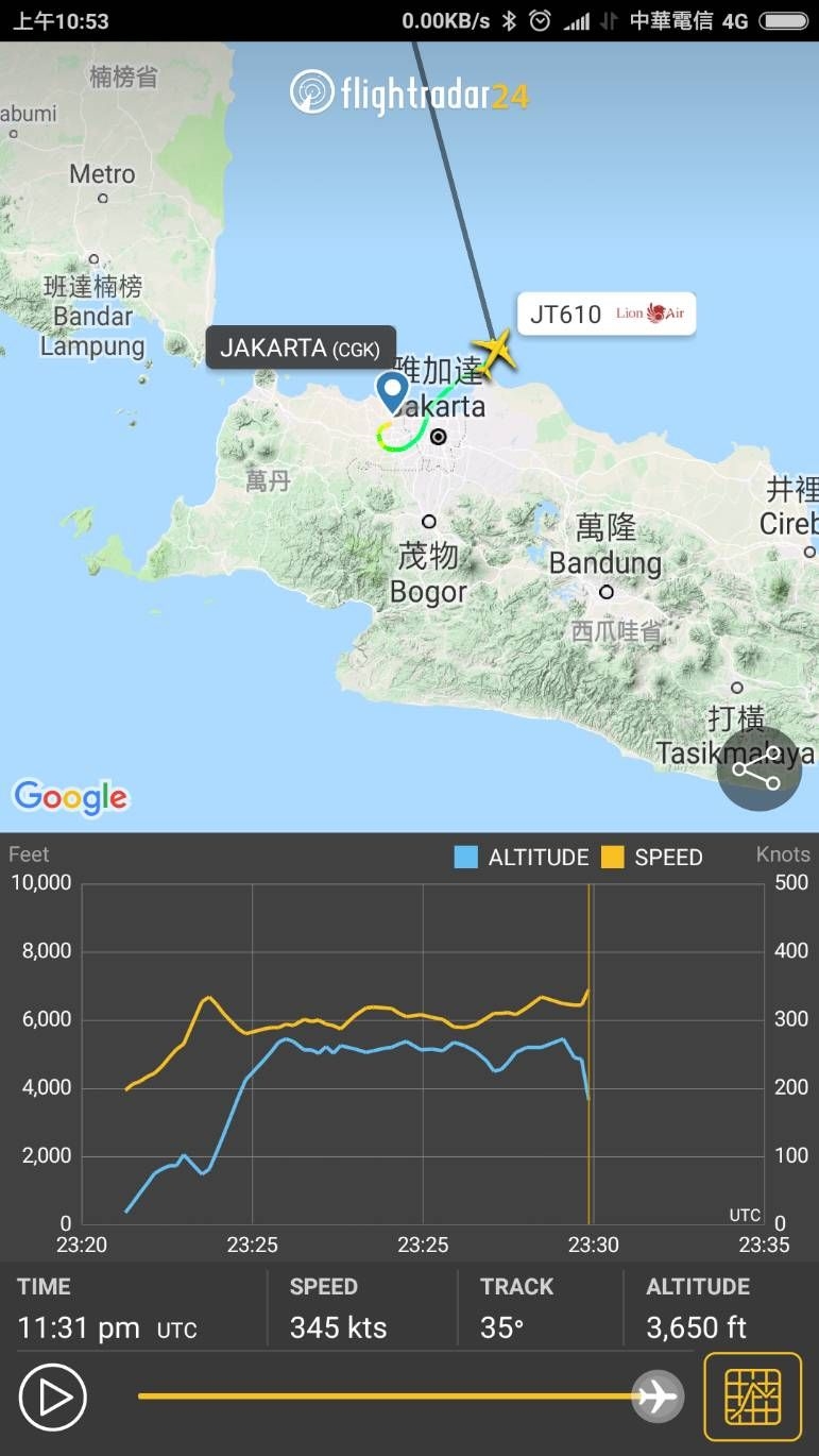 根據飛航追蹤網站FlightRadar24A印尼獅子航空客機起飛13分鐘後失聯C]圖取自FlightRadar24網站)