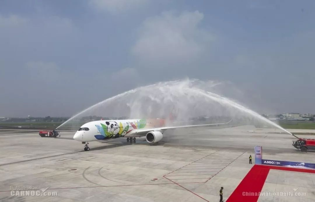 2018年8月9日�A川航首架A350客機到達成都機場雙流機場飛機身披�u熊貓�v彩繪塗裝