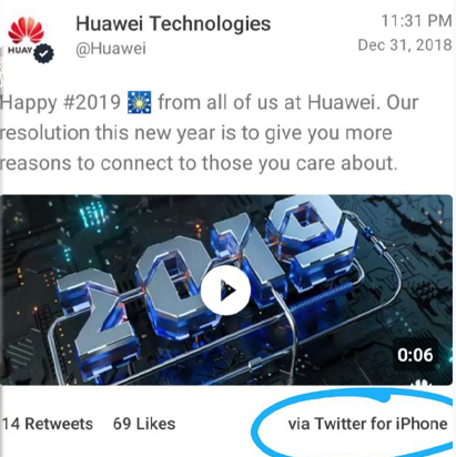 華為員工用蘋果iPhone手機更新官方Twitter賬號，發帖祝2019年快樂（網絡圖片）