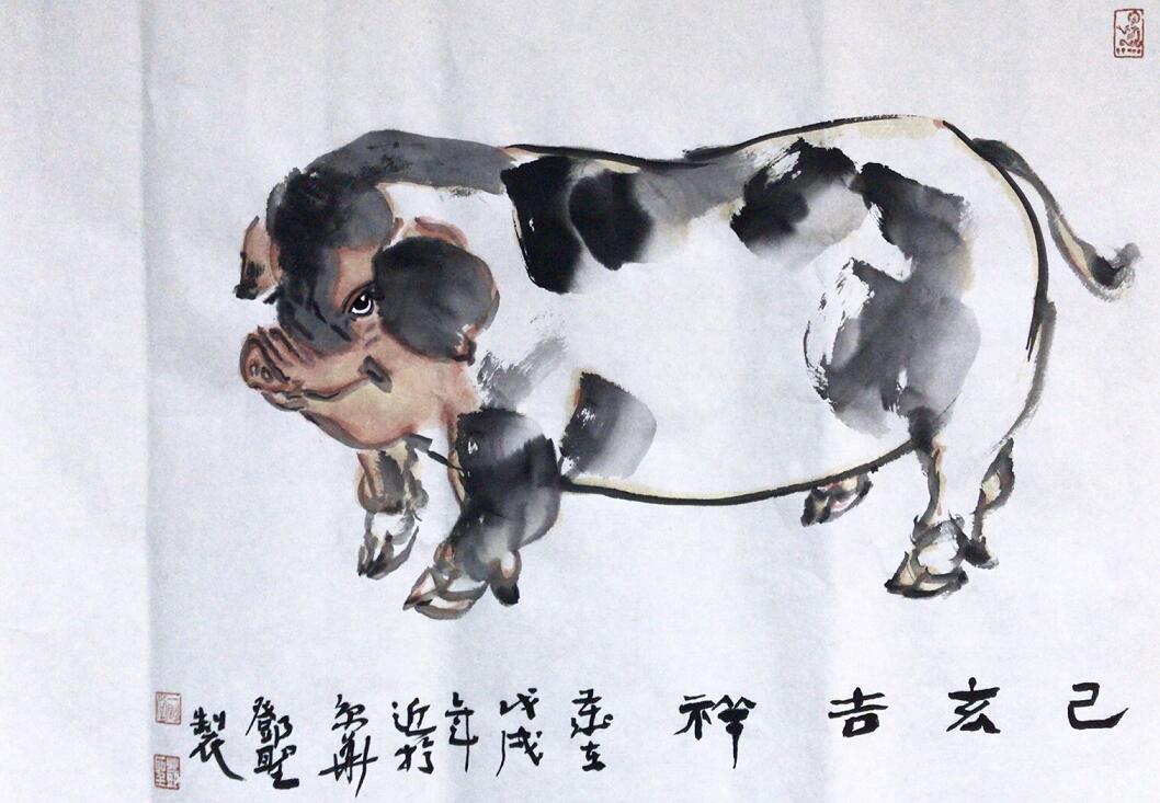 當代著名畫家鄧聖在豬年即將來臨之際A創作了一組以豬為題材的作品A祝願人們在豬年吉祥如意C