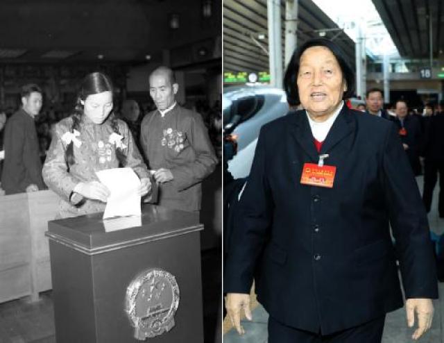 (圖左)1954年,全國人大代表申紀蘭參加第一屆全國人大第一次會議。(新華社記者曹興華攝) (圖右)2017年3月12日,全國人大代表申紀蘭抵達北京西站。 (圖左)1954年,全國人大代表申紀蘭參加第一屆全國人大第一次會議。(新華社記者曹興華攝) (圖右)2017年3月12日,全國人大代表申紀蘭抵達北京西站。