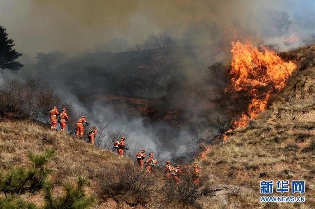 3月30日A在山西省沁源縣官灘鄉A森林消防隊員在控制火情C新華社