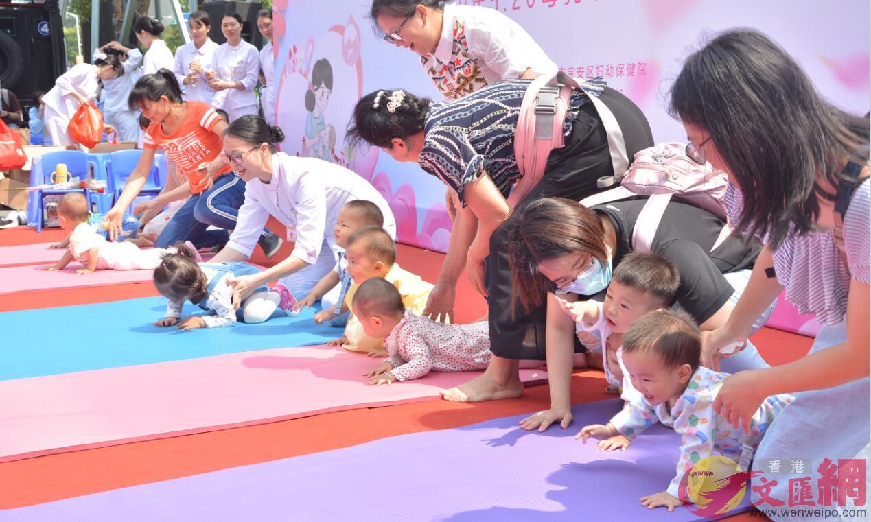 參加活動的寶寶們進行爬行比賽]記者 郭若溪 攝^