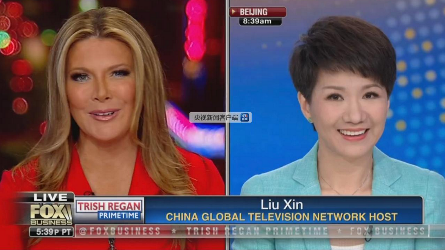 劉欣與Trish的電視對話於北京時間今早8時半左右開始]央視截圖^