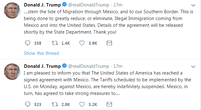 特朗普通過推特表示暫停對墨西哥加徵關稅C