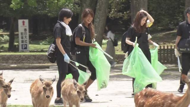 志願者在奈良撿垃圾(NHK電視台)
