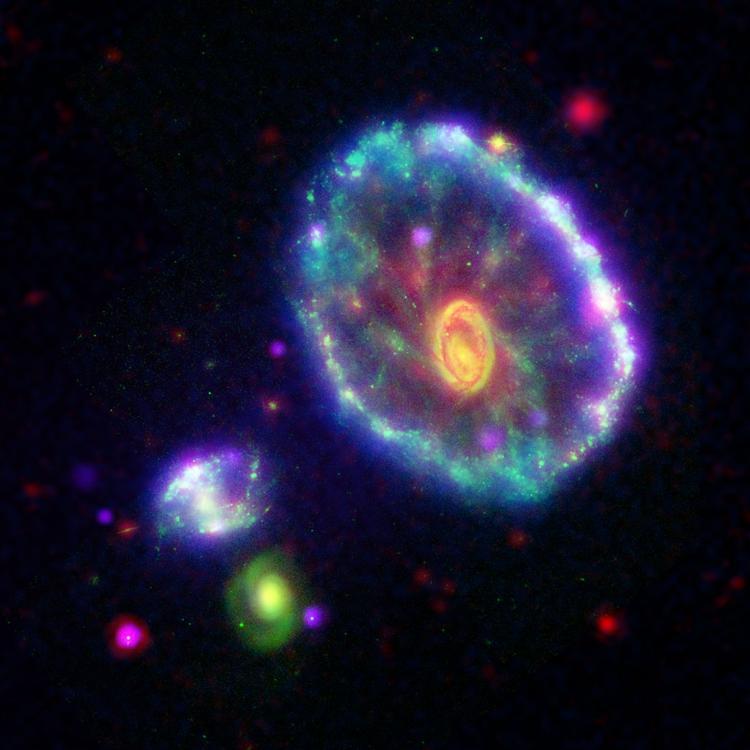 大約1億年前A一個較小的星系從Cartwheel星系的中心墜落A在宇宙中形成了短暫的漣漪C