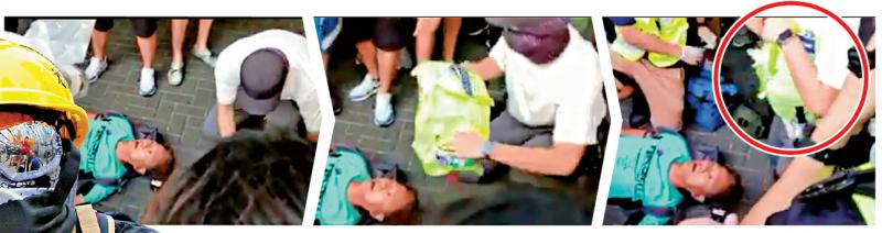 圖G影片顯示有男子被圍毆至昏迷A一名蒙面人在施襲後A竟從背包取出印有u急救員v字眼的反光衣A扮為被打男子療傷