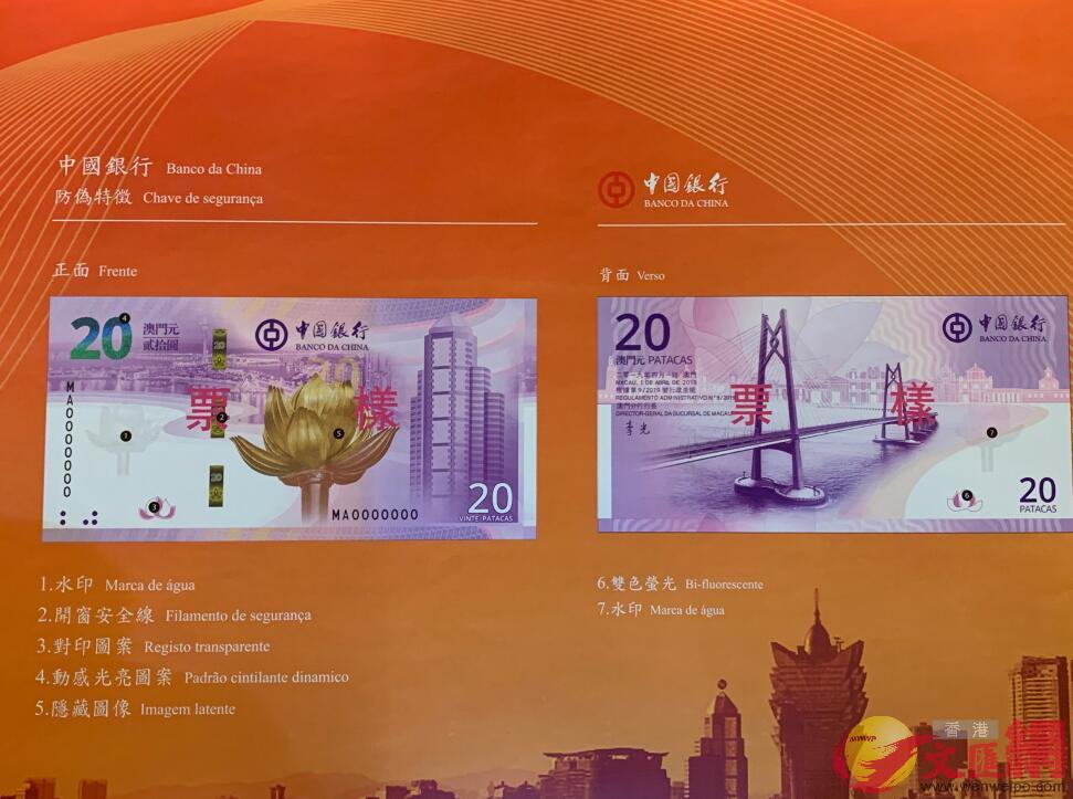 中國銀行發行的慶祝澳門回歸祖國20周年新鈔樣圖(馬琳 攝)