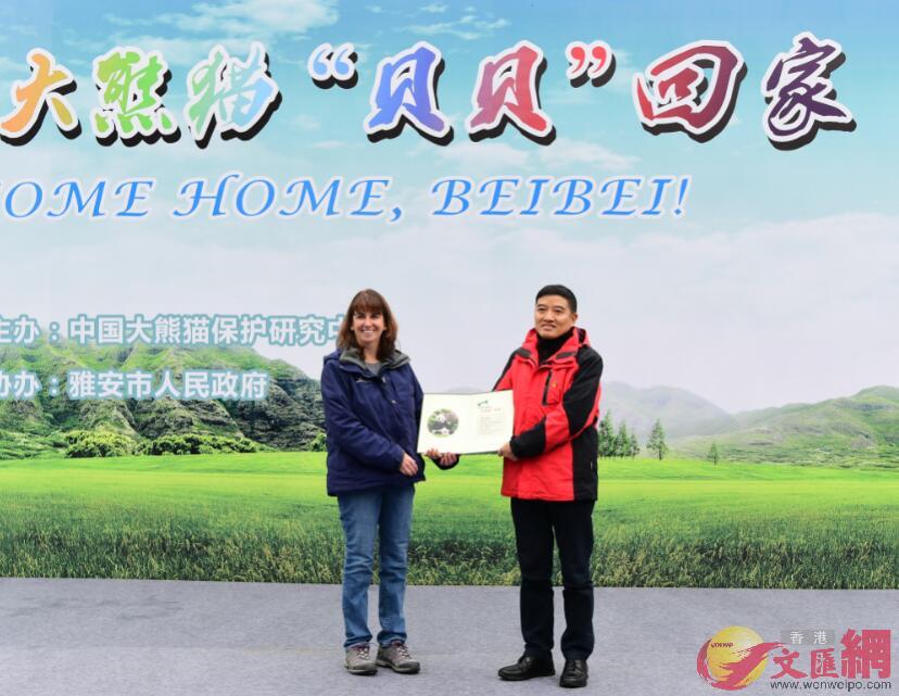 美國史密桑寧國家動物園大熊貓館助理館長向中國大熊貓保護研究中心移交貝貝檔案(向芸攝) 