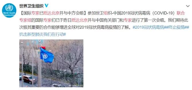 17日，世衛組織官方微博發佈國際專家組已抵達北京並與中方會晤的消息