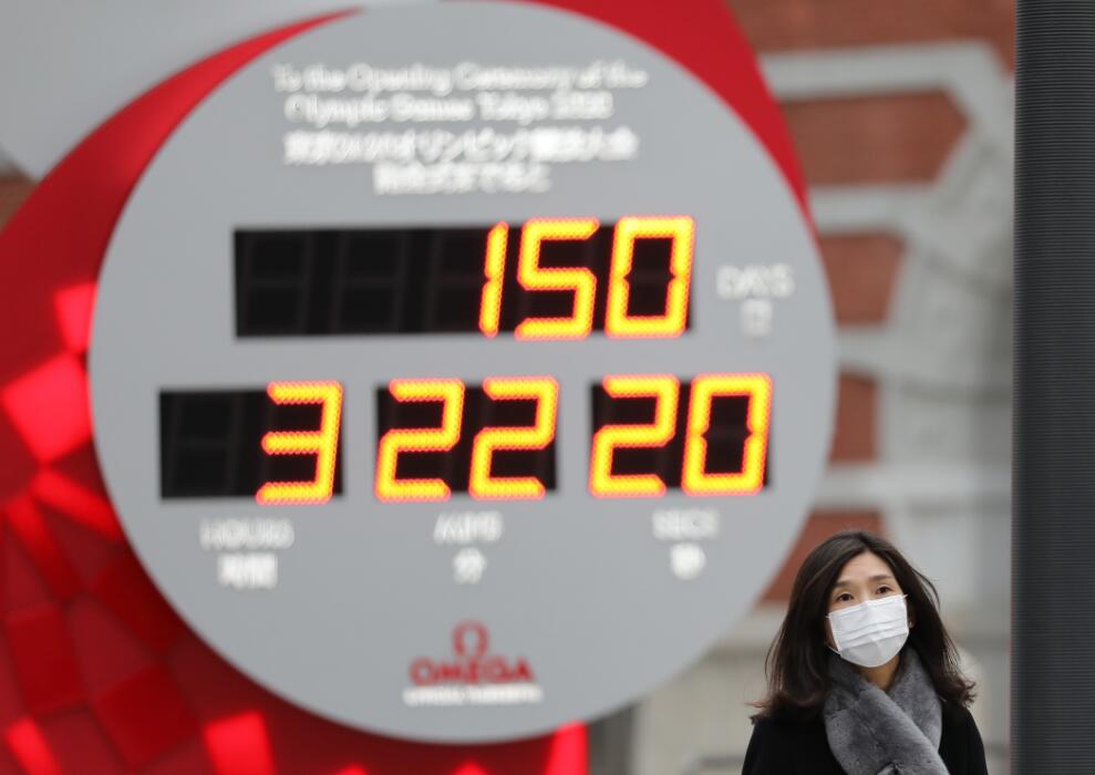 2月25日，在日本東京，行人戴口罩經過顯示東京奧運會倒計時的電子屏。資料圖：新華社