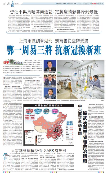 2月14日香港文匯報報道湖北與武漢人事變動新聞版面。