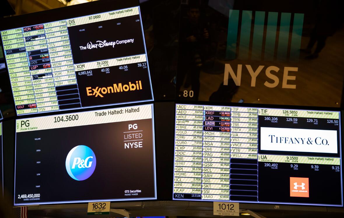3月12日A在美國紐約證券交易所A電子屏顯示交易因觸發熔斷機制暫停C