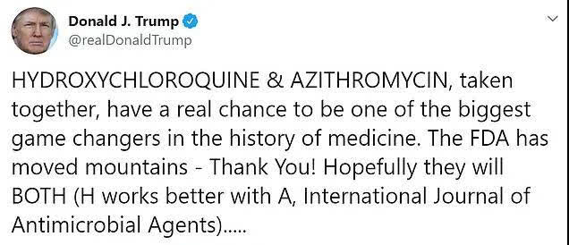 特朗普在推特上催促FDA立即採用羥氯奎和阿奇黴素組合藥方治療新冠肺炎]推特截圖^