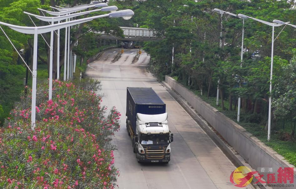 深圳灣口岸外的貨櫃車正常出入境C記者何花 攝