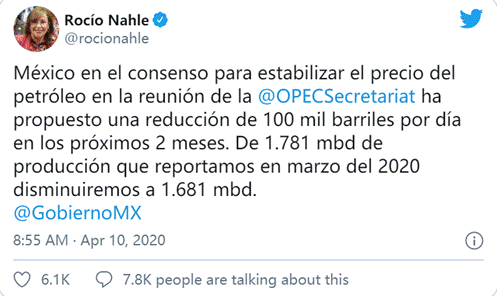 墨西哥能源部長10日早在Twitter上發帖稱A墨西哥準備將日產量削減10萬桶A遠低於OPEC+提出的每日40萬桶的水平C]網站截圖^