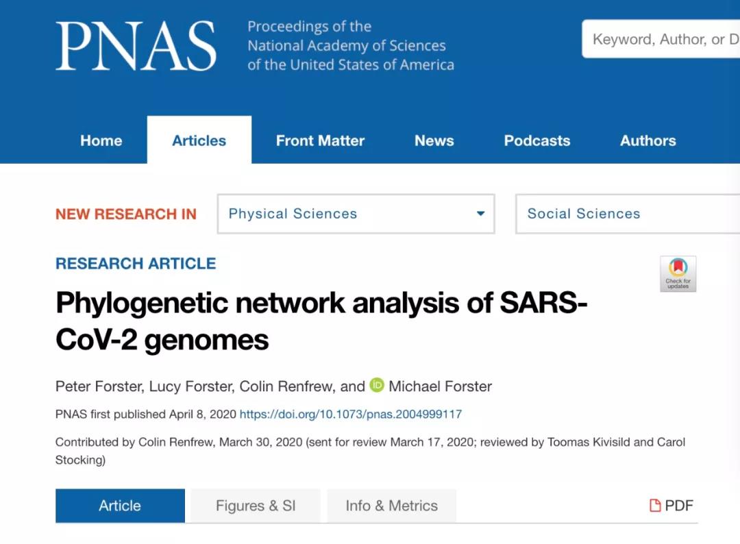 《美國科學院院報》（PNAS）發表文章《Phylogenetic network analysis of SARS-CoV-2 genomes》，彼得•福斯特為文章第一作者