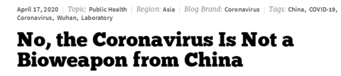 17日AThe National Interest 發佈一篇題為m不I新冠病毒不是來自中國的生化武器n的文章