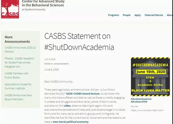 圖為美國斯坦福大學的行為科學高等研究中心宣佈支持在6月10日這天暫停學術活動一天A以聲援反種族主義遊行