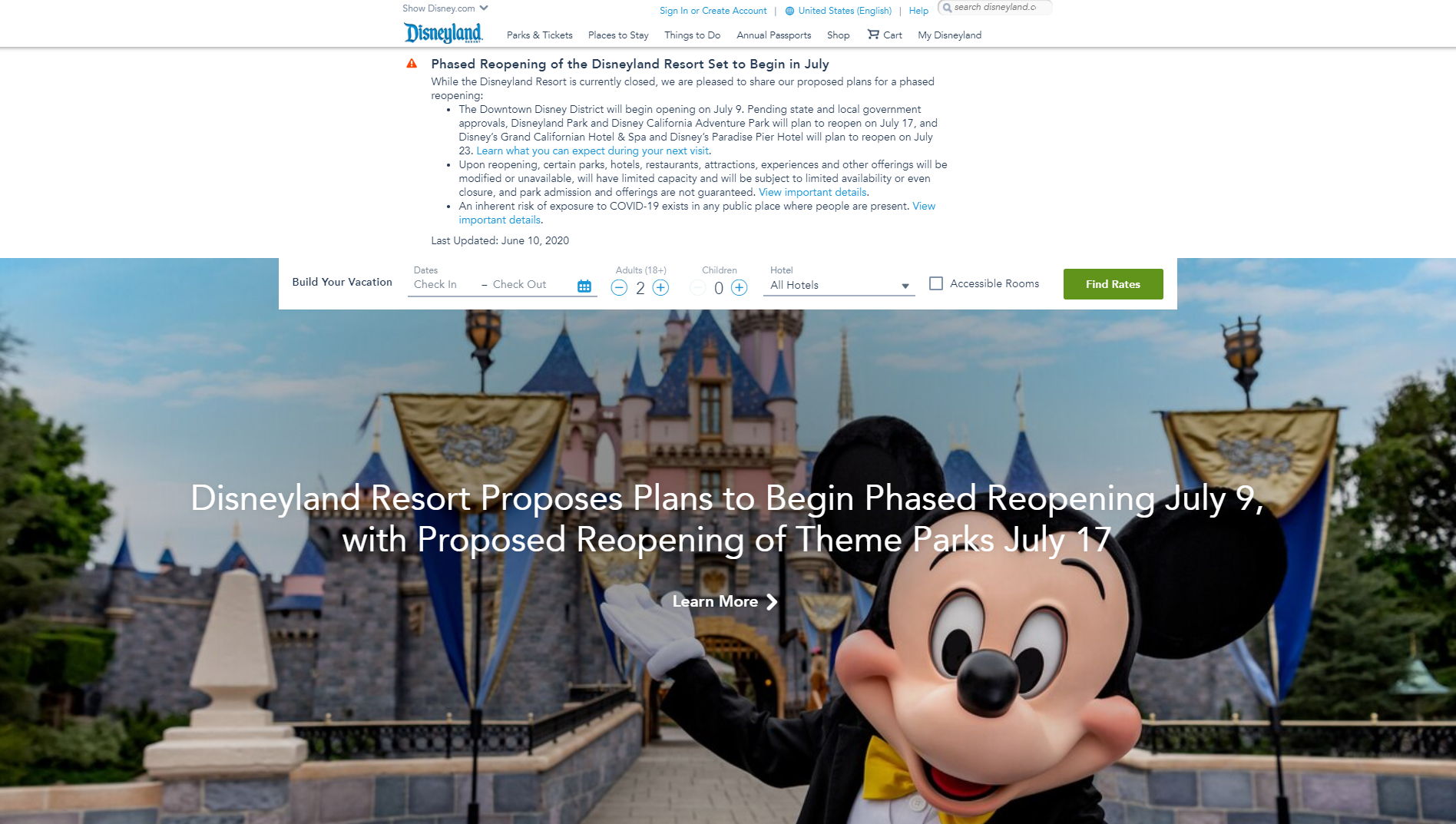 迪士尼發聲明表示A計劃下月重開美國加州迪士尼樂園C (迪士尼網站截圖)