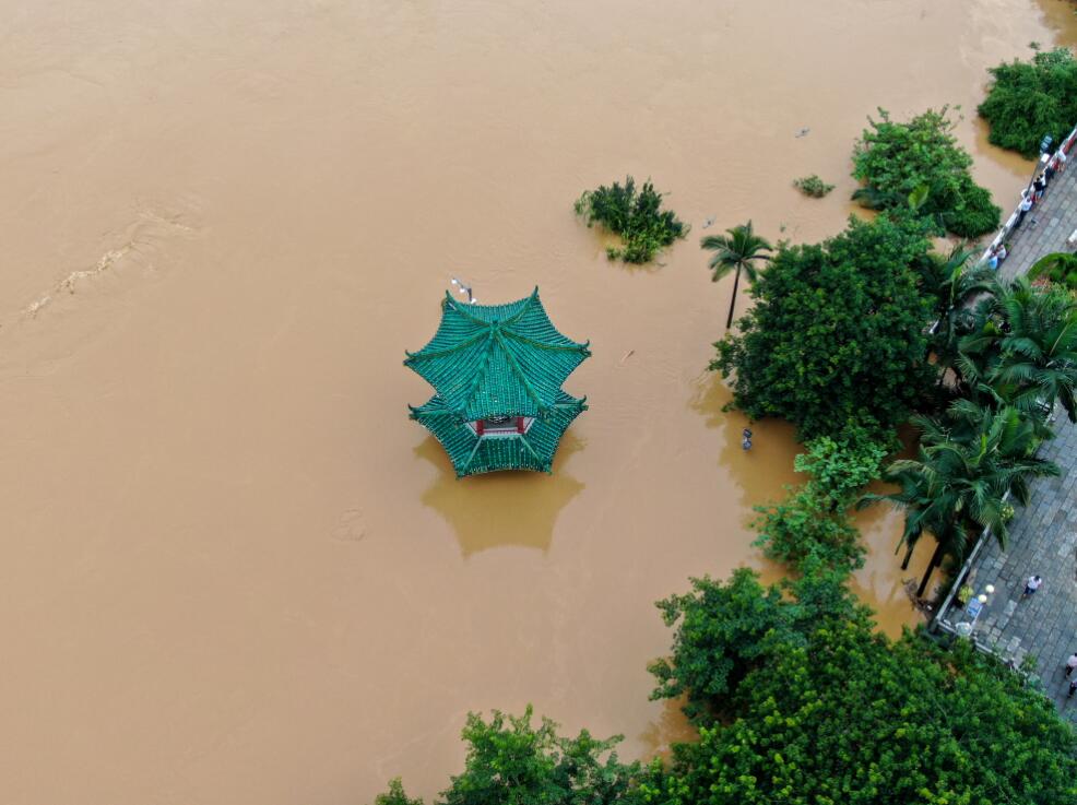 6月10日，廣西柳州江濱公園的涼亭被洪水包圍 資料圖：中新社