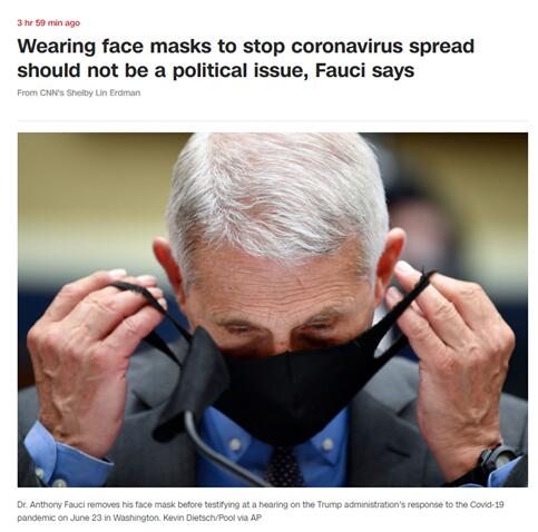 福奇說A戴口罩阻止新冠病毒傳播不應是一個政治問題C]CNN截圖^