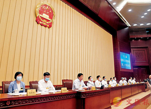6月30日，十三屆全國人大常委會第二十次會議在北京舉行第二次全體會議，栗戰書委員長主持。會議經表決，全票通過《中華人民共和國香港特別行政區維護國家安全法》。（新華社圖片）
