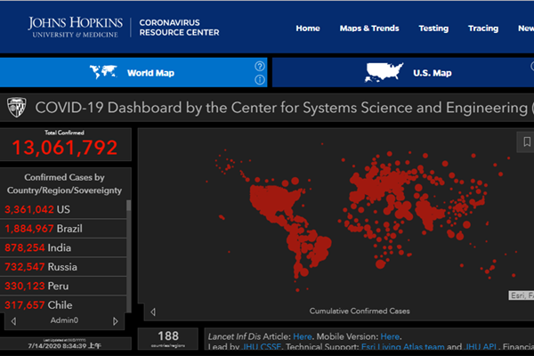 美國約翰斯P霍普金斯大學新冠疫情統計數據