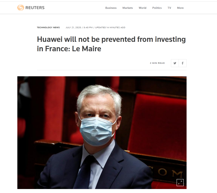 路透社報道G法國財長稱華為不會被阻止在法投資