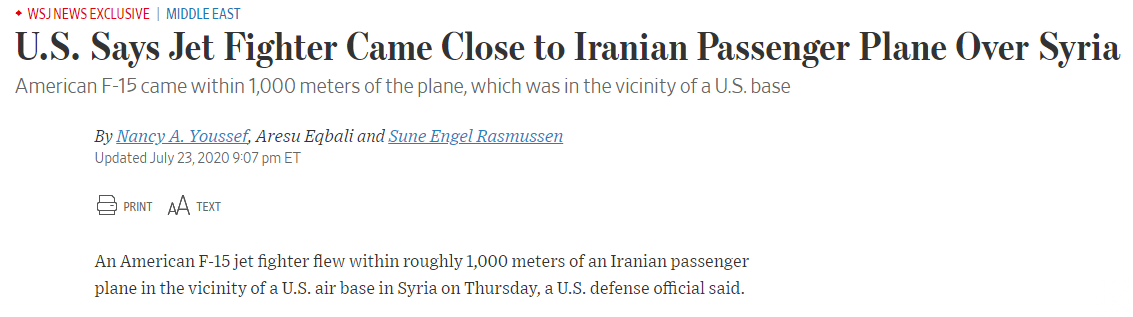 華爾街日報指美軍承認派F-15飛近伊朗客機C