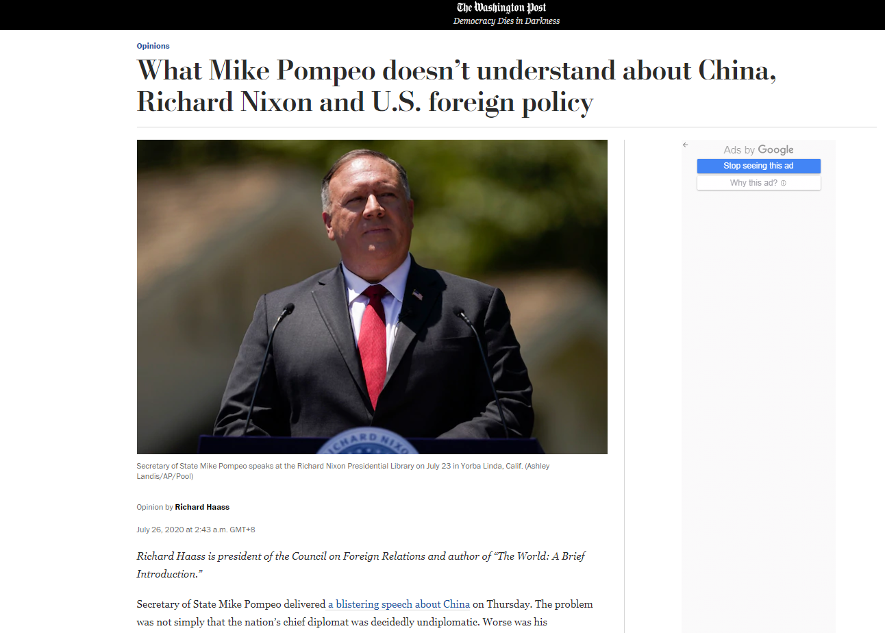 美國智庫領袖批評蓬佩奧對中國言辭激烈的演講u不懂歷史B不懂中國也不懂美國v]網頁截圖^