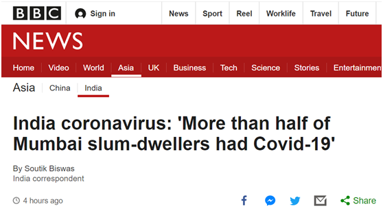 BBC報道截圖G印度新冠病毒Gu孟買貧民窟超過一半居民感染過新冠病毒v