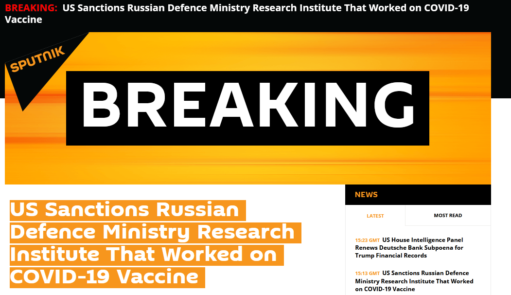 據俄媒報道A美國宣布制裁五家俄羅斯研究機構A理由是懷疑它們從事化學和生物武器研究C]網絡圖片^